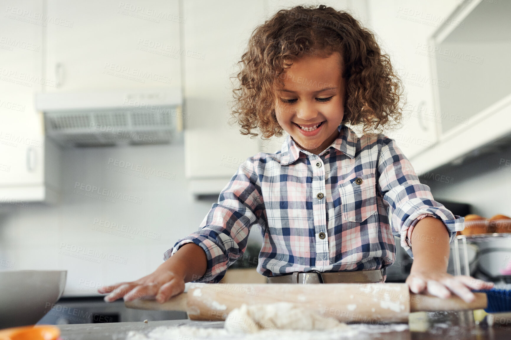 Buy stock photo Happy, girl or kid baking with pin for dough in kitchen for child development to prepare cookies in home. Smile, play and young baker learning pastry recipe for lunch meal, cooking snacks or dessert