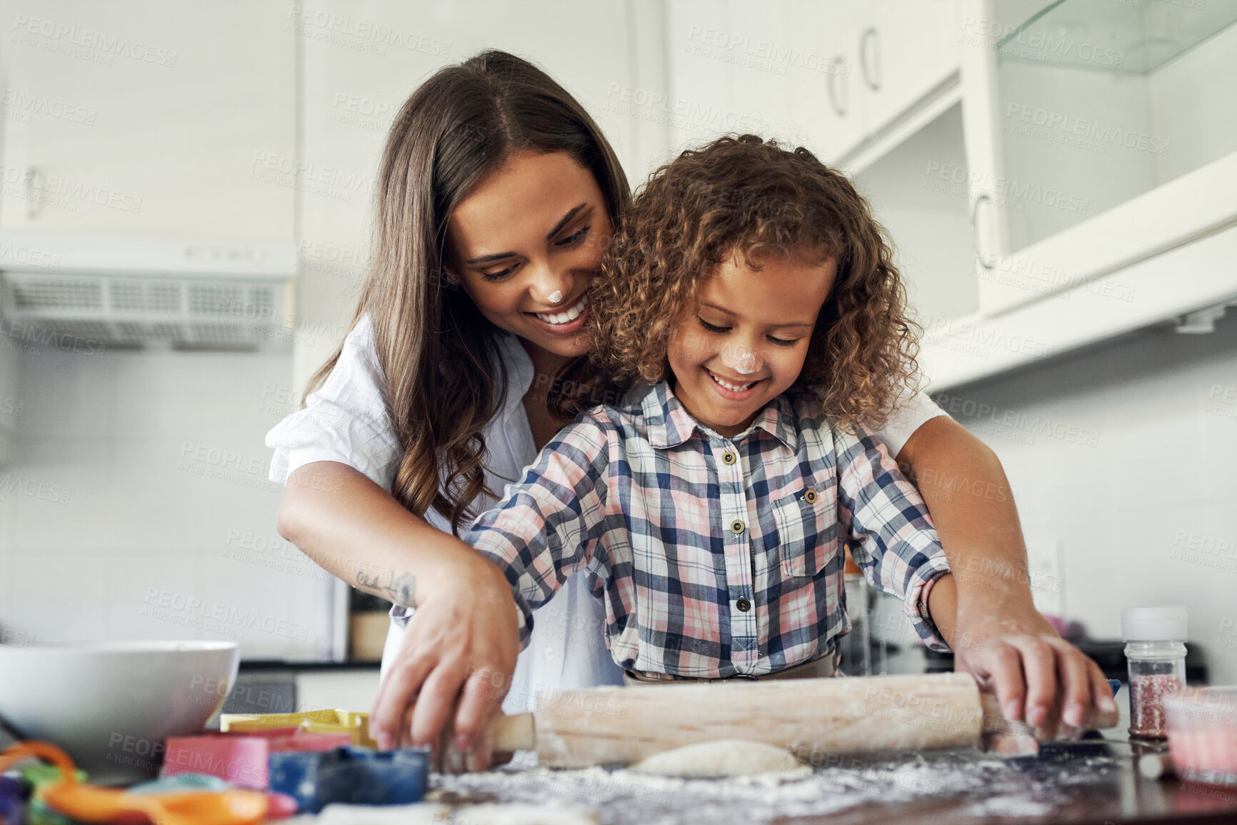 Buy stock photo Woman, kid and baking in kitchen with rolling pin on counter for pastry, support and teaching of recipe. Happy, mother and daughter with flour on dough for ingredients, learning and love at home