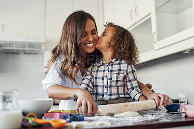 Buy stock photo Mom, kid and baking with kiss by roller on kitchen counter for pastry recipe, support and learning at home. Happy, woman and daughter with flour on dough for ingredients, teaching and love together