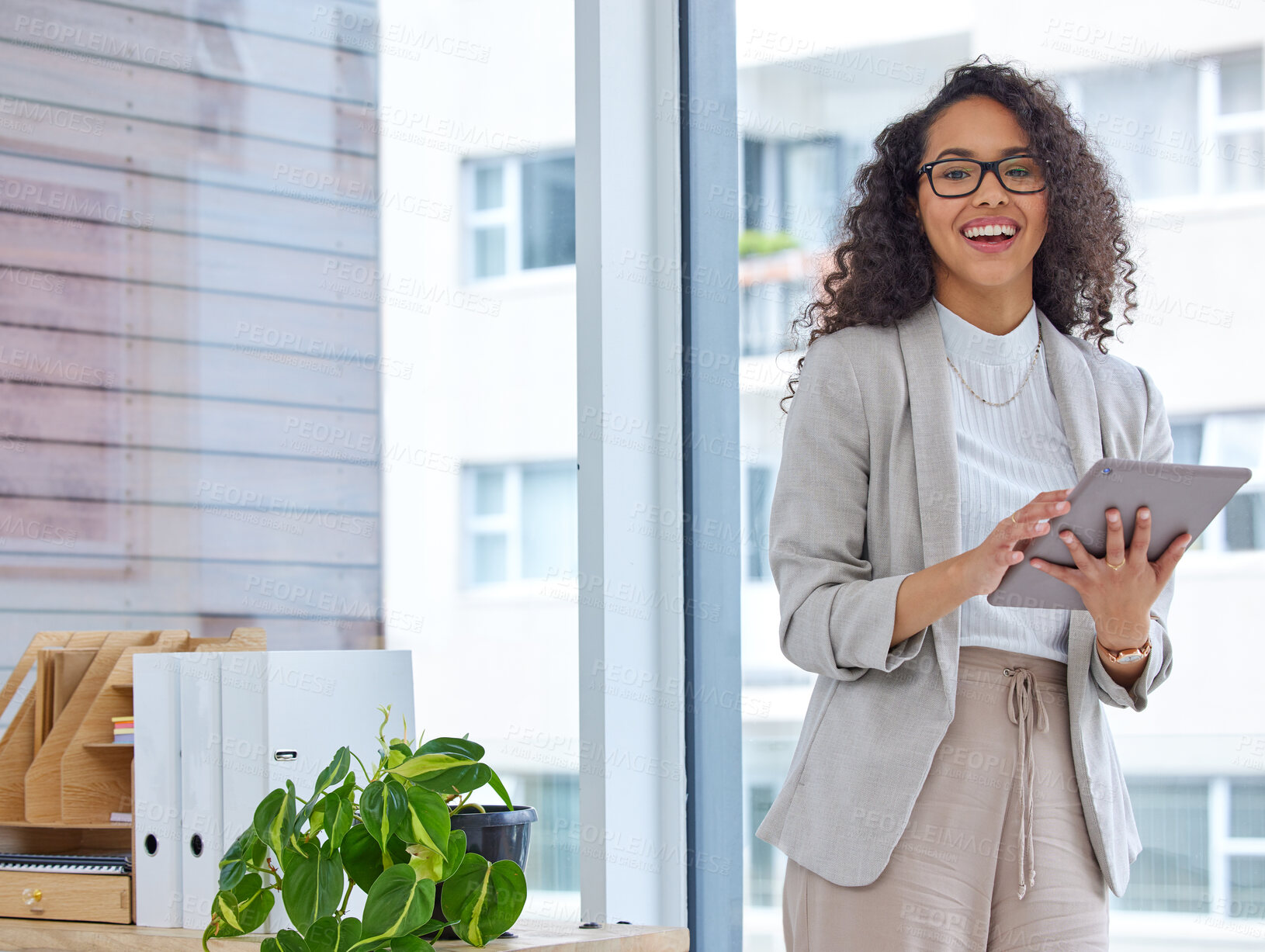 Buy stock photo Business woman, portrait and tablet with happiness in a office with tech management job. Graphic design, female person and smile of a happy employee with technology and creative designer project