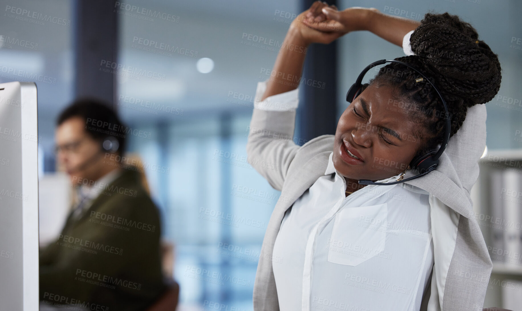 Buy stock photo Woman, call center and stretching with headphones on for telemarketing, burnout or fatigue. Black person, headsets and tension in neck with stress or tired  in office for customer support or service