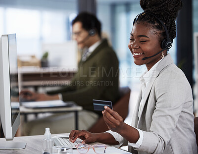 Buy stock photo Call center, business and black woman with credit card, smile and payment with ecommerce, professional and employee. African person, agent or consultant with help desk for loan or online transactions