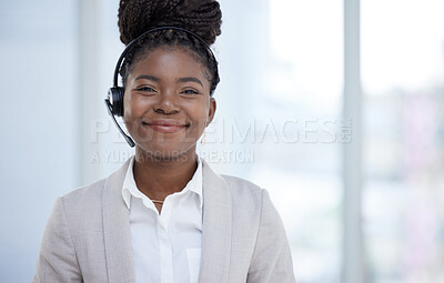 Buy stock photo Black woman, headset and portrait in office for customer support, online service and telemarketing worker. African female agent, headphones and consulting with contact us, call center and web help