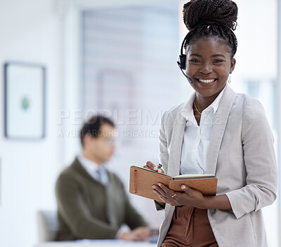Buy stock photo Portrait, black woman and happy with notebook at call center for customer or client support and service. Office, crm and advisor or consultant with smile or satisfied with job, career growth as agent