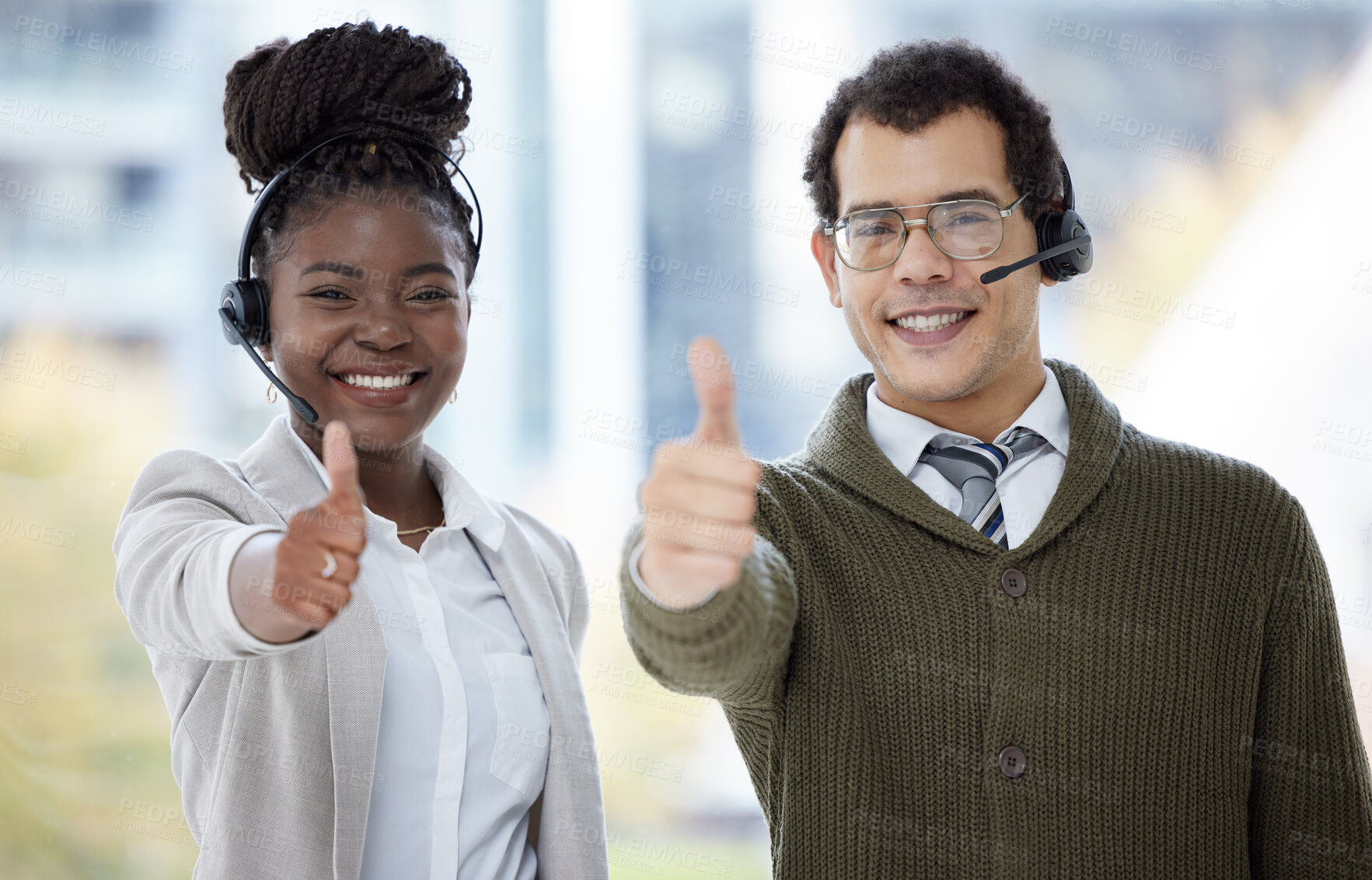 Buy stock photo Headset, team and thumbs up in office with agreement, customer support and collaboration. Call center staff, headphones and hand emoji for contact us, telemarketing and teamwork with yes for success