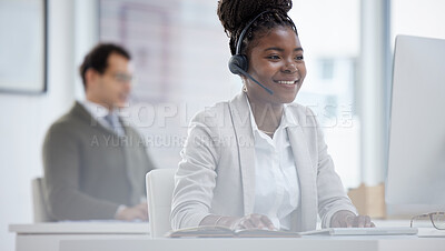 Buy stock photo Employee, black woman and happy on computer at call center for customer or client support and service. Office, crm and advisor or consultant with smile or satisfied with job and career growth