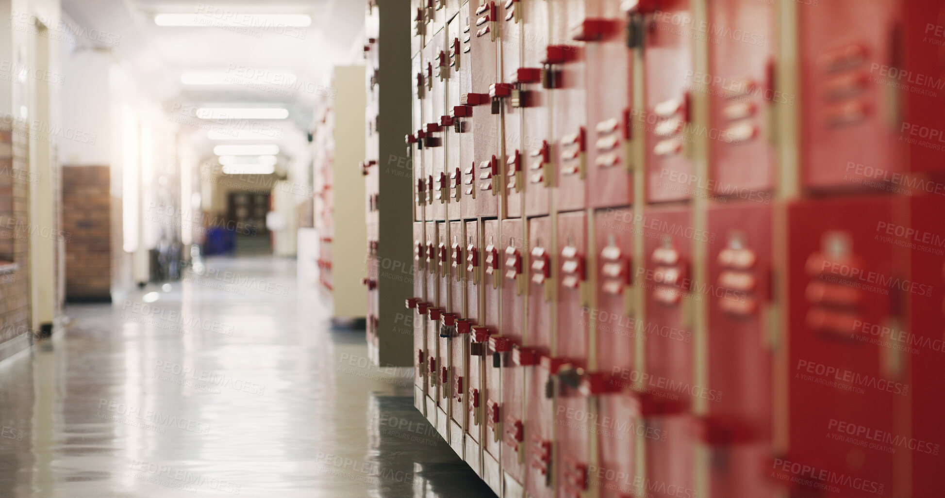 Buy stock photo Shot of an empty corridor in a high school