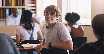 Buy stock photo Portrait of a teenage boy in a classroom at high school