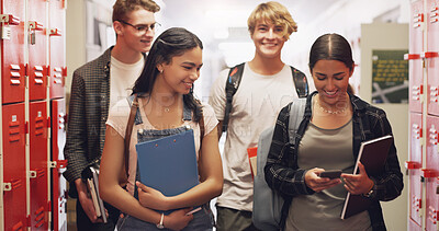 Buy stock photo High school, students and friends group in hallway at education campus for learning, academic or cellphone. Boys, girls and books at lockers for teaching knowledge or scholarship, college or corridor