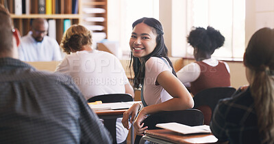 Buy stock photo Girl, portrait and desk in high school education in classroom for scholarship, academic or student. Female person, face and learning campus or college course for english class, development or teacher