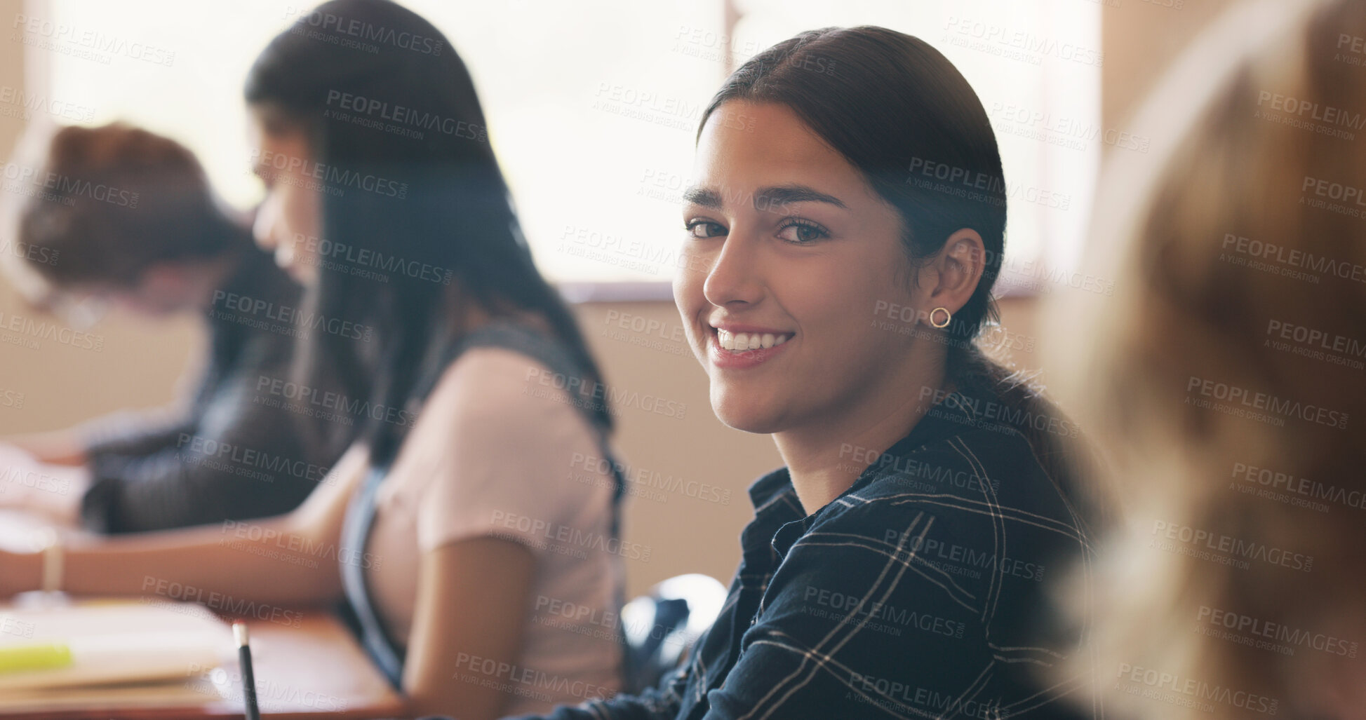 Buy stock photo High school, student and portrait in classroom for education course with knowledge, academic or scholarship. Girl, desk and face at learning academy on campus for future studying, lecture or happy