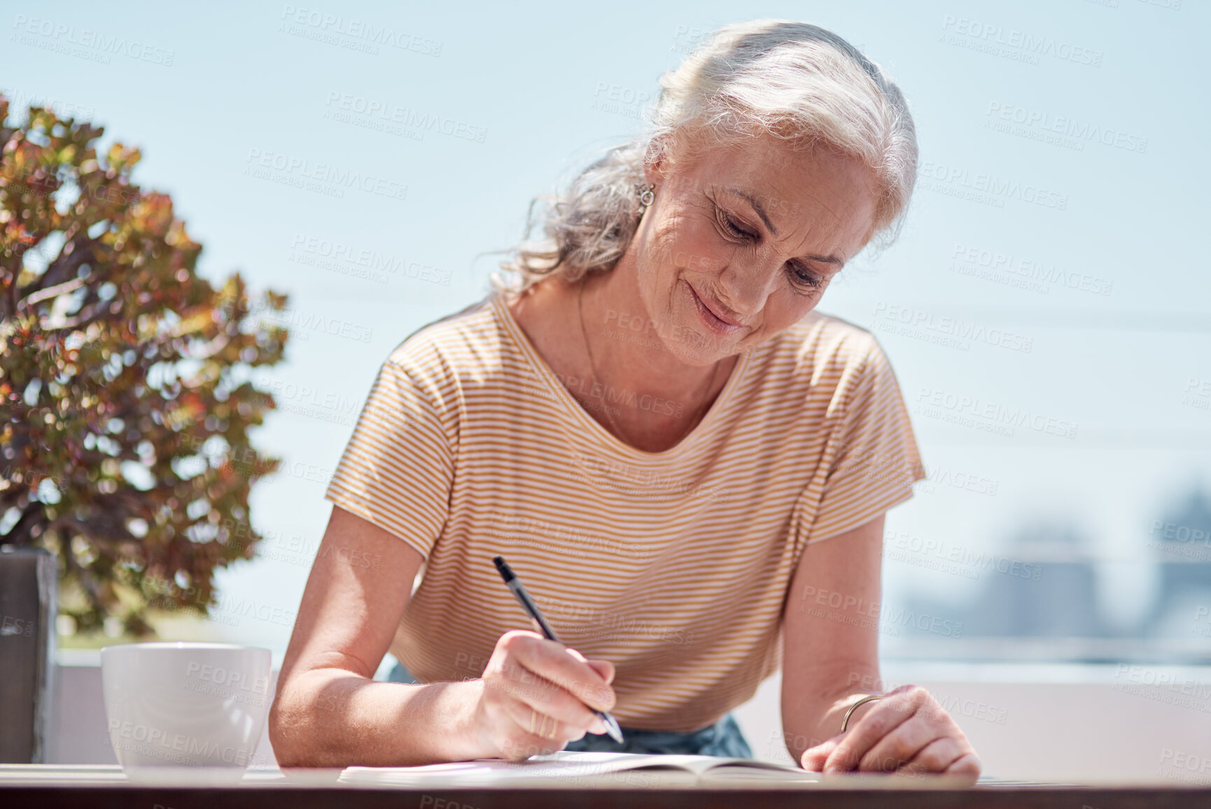 Buy stock photo Writing, book and a senior woman author sitting outdoor in summer for inspiration as a writer. Idea, planning and notebook with a female journalist using a pen to write in a journal or diary outside