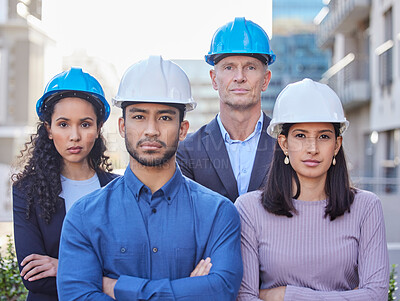 Buy stock photo Business people, architect and team in city for construction, leadership or architecture on site. Portrait of confident group of expert engineers with arms crossed in teamwork for building in a town