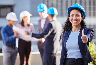 Buy stock photo Business woman, portrait and architect with thumbs up in construction for winning, success or teamwork on site. Happy female engineer with thumb emoji, yes sign or like for approval in architecture