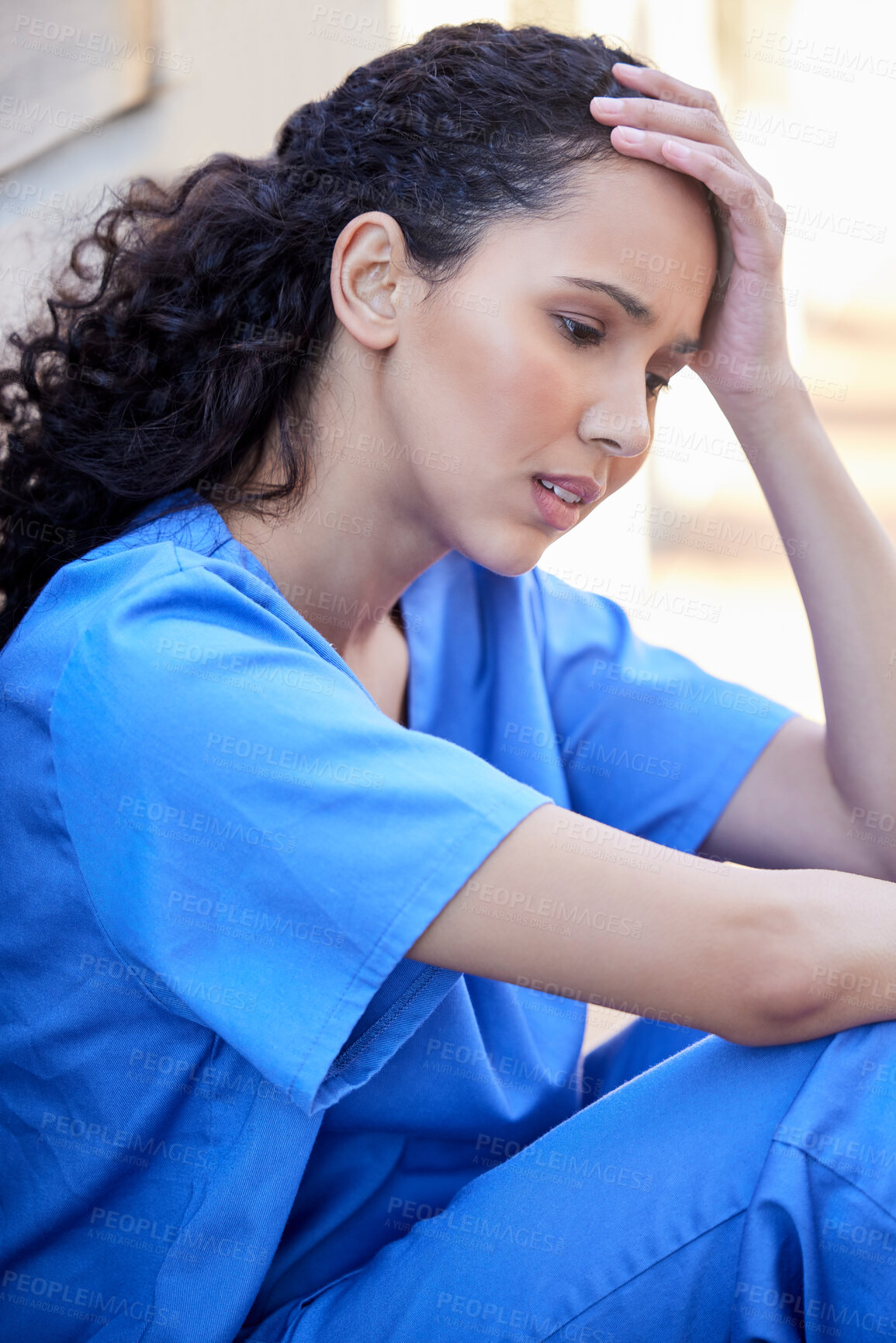 Buy stock photo Outdoor, female nurse and stress, tired and mental health of medical employee outside. Exhausted, healthcare worker or woman with migraine or burnout, anxiety and overworked pressure in balcony