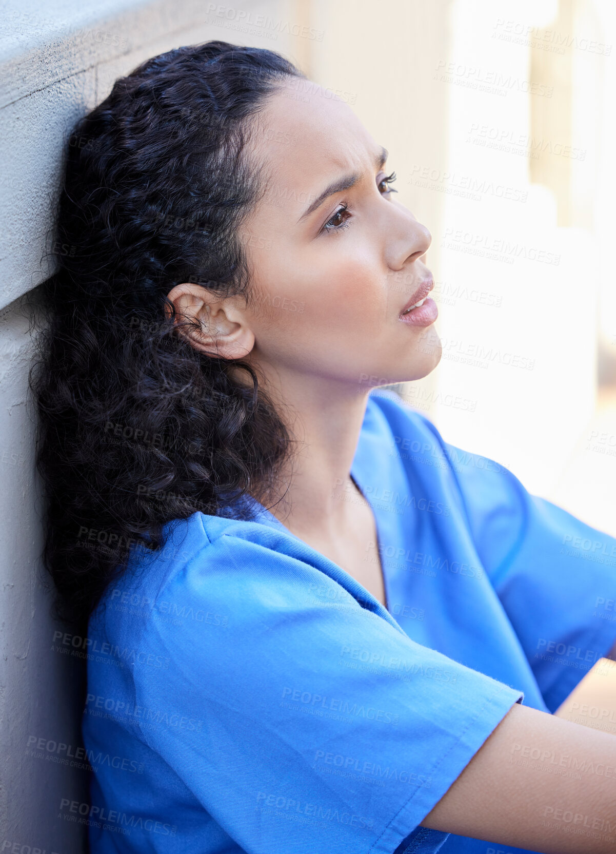 Buy stock photo Outside, female nurse and stress, exhausted and mental health of medical employee outdoor. Tired, healthcare worker or woman with migraine or burnout, anxiety and overworked pressure in balcony