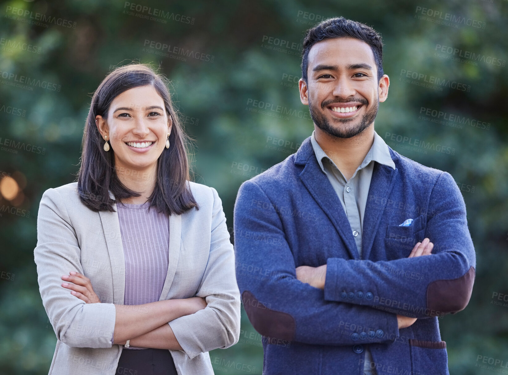 Buy stock photo Business, people and happy in outdoor on portrait for career or job growth and opportunity as banker. Partner, confidence and smile or proud with teamwork, collaboration and progress in New York
