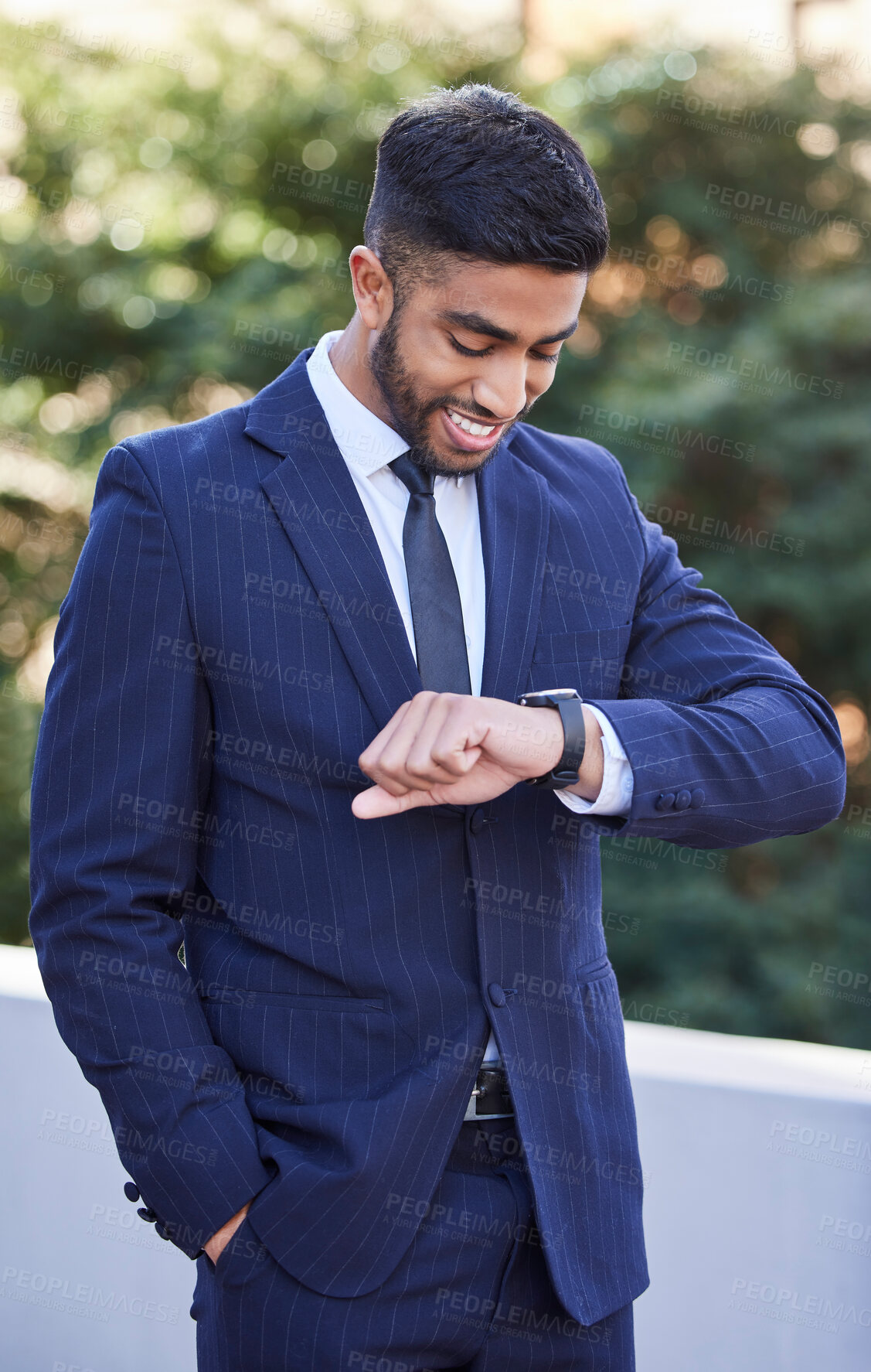 Buy stock photo Smile, businessman and watch with time in city for productivity, schedule and appointment at law firm. Happy, lawyer and thinking with accessory on wrist for legal career, planning and awareness