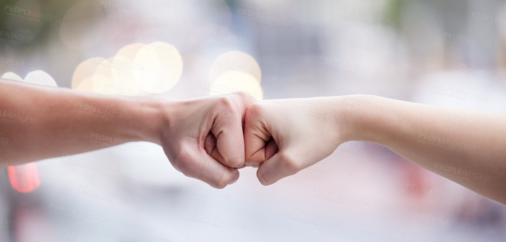 Buy stock photo Hands, fist bump and support in city for team building, partnership and collaboration with people. Community, gesture and business deal for thank you, success and motivation for ready for career 