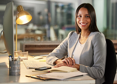 Buy stock photo Business portrait, computer and happy woman in night office planning, online research and copywriting at agency. Face of editor, writer or professional african person working or editing on desktop pc
