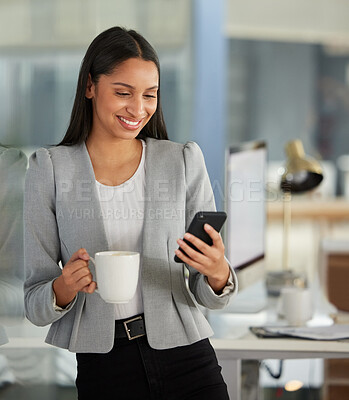 Buy stock photo Phone, coffee and business woman reading online, email communication or chat for HR or corporate networking. Professional worker, Human Resources employee or african person on mobile app in office