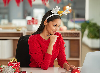 Buy stock photo Christmas, laptop and business woman thinking of gift ideas, e commerce promotion and sales in office planning. Brainstorming, choice or decision of african person working on computer for job holiday