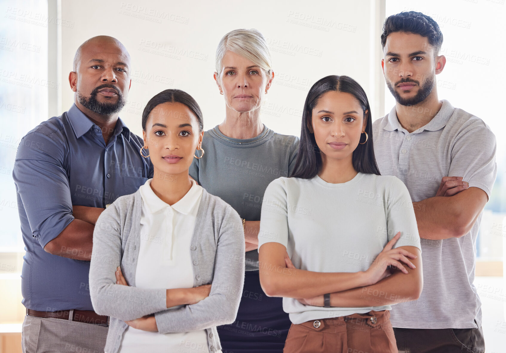 Buy stock photo Portrait, confidence and group of business people with diversity, trust and solidarity at agency. Community, professional men and women together in office with teamwork, pride and project management