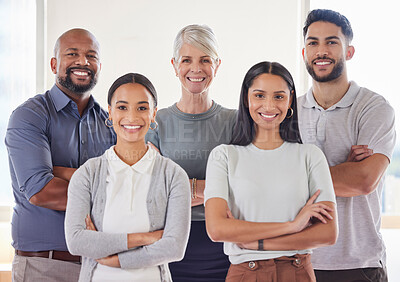 Buy stock photo Shot of a group of businesspeople standing together in an office