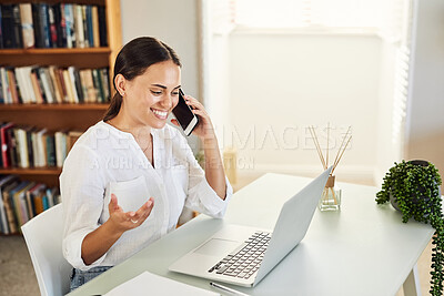 Buy stock photo Shot of a young businesswoman using her smartphone to make a phone call