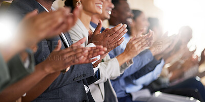 Buy stock photo Conference, team of coworkers clapping hands for success and in boardroom of presentation with lens flare. Support, achievement and diverse group of people applauding together in business meeting