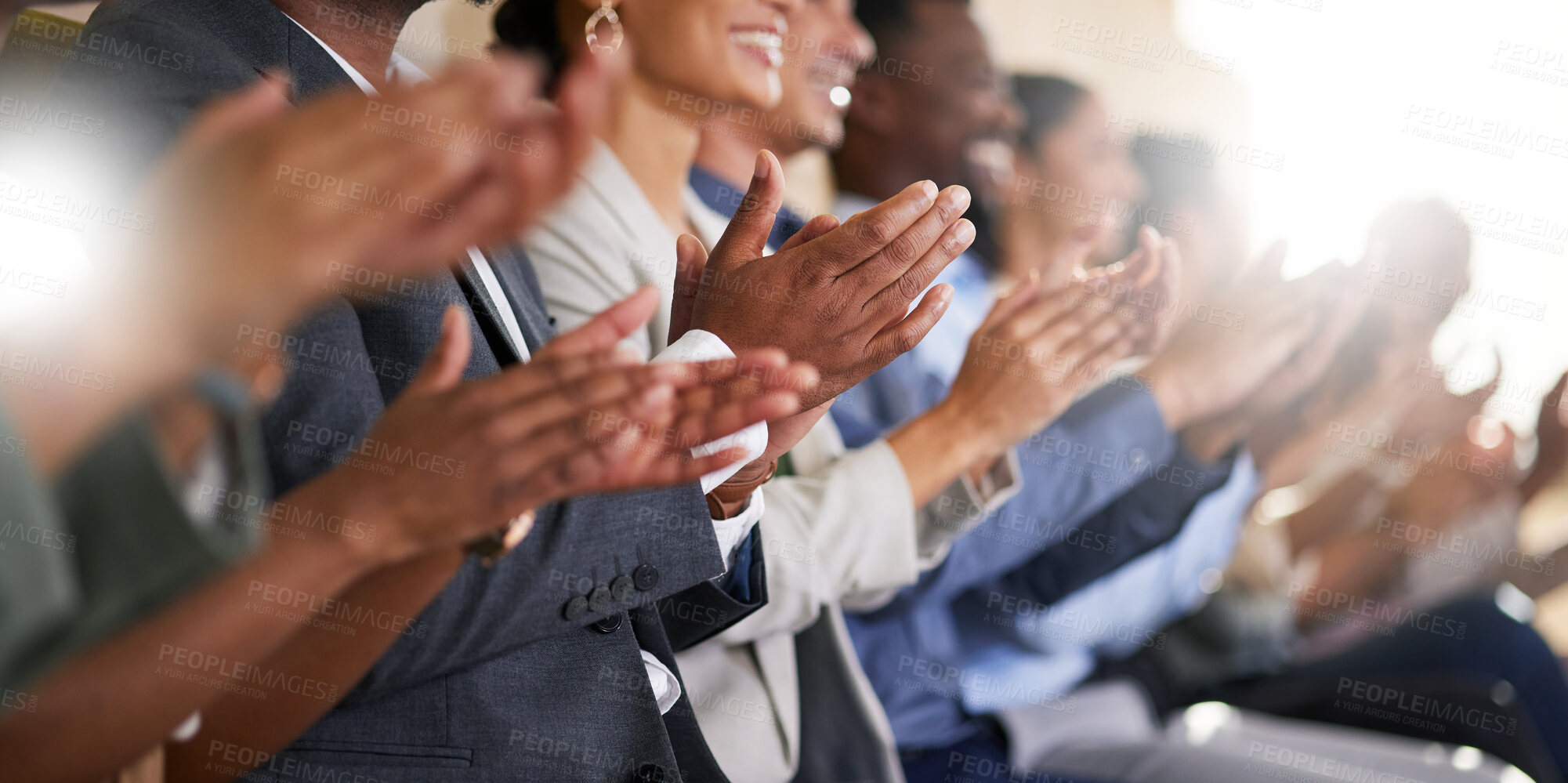 Buy stock photo Conference, team of coworkers clapping hands for success and in boardroom of presentation with lens flare. Support, achievement and diverse group of people applauding together in business meeting