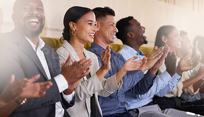 Buy stock photo Cropped shot of a diverse group of businesspeople applauding while sitting in the boardroom during a presentation