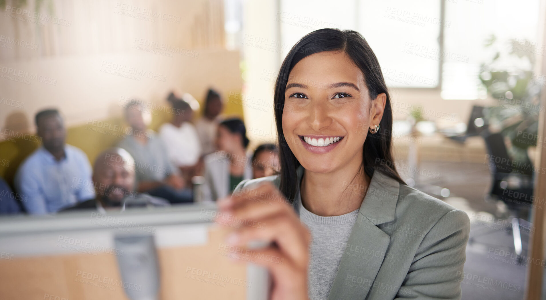 Buy stock photo Cropped portrait of an attractive young businesswoman giving a presentation in the boardroom