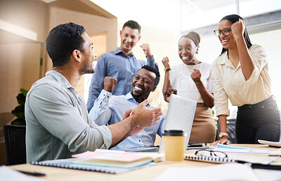 Buy stock photo Cropped shot of a diverse group of businesspeople cheering while sitting in the boardroom during a meeting