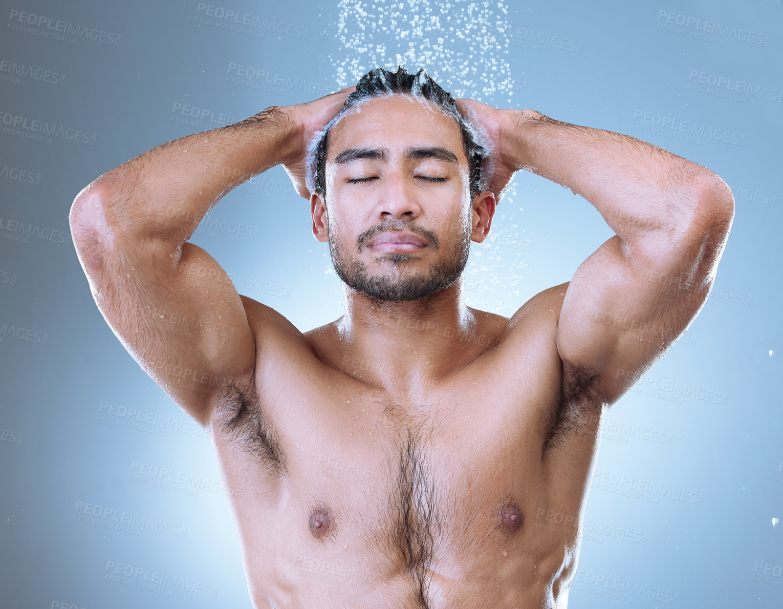 Buy stock photo Shower, hair care and face of man with water splash for hygiene, grooming or shampoo on studio background. Wash, body and Asian model with eyes closed for treatment, wellness or morning routine