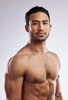 Buy stock photo Confidence, shirtless and portrait of a man in a studio after a workout or body strength training. Serious, sports and attractive male model with muscles after exercise isolated by a white background