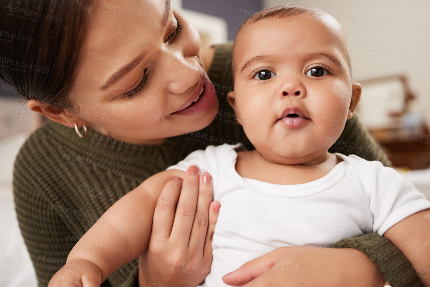 Buy stock photo Love, mother and portrait of baby in home with bonding, connection and happy with motherhood. Parenting, woman and infant with protection, support and safety for child development, growth and care