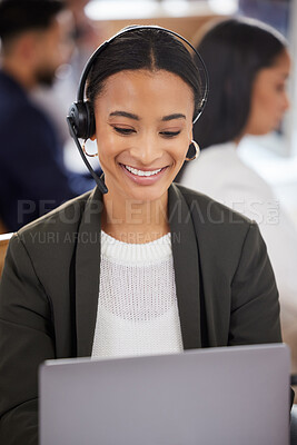 Buy stock photo Woman, call center and smile at laptop for customer service, support and telemarketing. Face of an african female agent or consultant with a headset for sales, crm or help desk for online advice