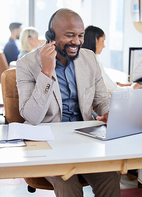 Buy stock photo Call center, black man and smile at laptop for customer service, support and telemarketing. Happy african male agent or consultant with a headset for sales, crm or help desk for online consultation