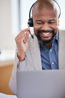 Buy stock photo Smile, call center and black man with a headset and laptop for customer service, support or telemarketing. African person as agent or consultant for sales, crm and contact us or help desk advice