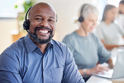 Buy stock photo Black man, call center and smile portrait for customer service, support and telemarketing. Face of a african male agent or consultant with a headset for sales, crm or help desk for advice