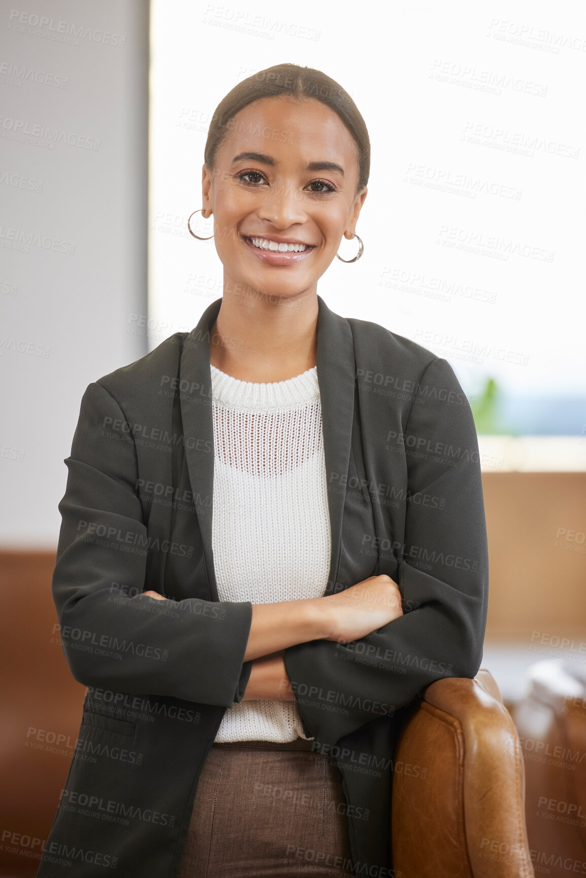 Buy stock photo Professional, business woman and portrait with pride in office, successful career and attorney for legal advice. Law firm, female lawyer and arms crossed with confidence, happy and experience at job
