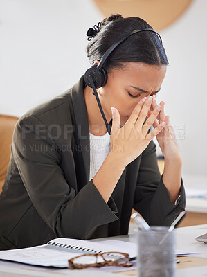 Buy stock photo Call center, business and woman with a headache, burnout and customer service with health problem, office and tired. Female person, agent or consultant with a migraine, tech support and telemarketing