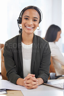 Buy stock photo Call center, woman and smile portrait for customer service, support and telemarketing. Face of happy female agent or consultant with a headset for telecom sales, crm or help desk for advice