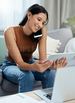 Buy stock photo Phone call, remote work and woman on tablet, sofa and laptop for communication, contact and chat. Computer, technology and person talking on smartphone for networking, social media and freelance blog