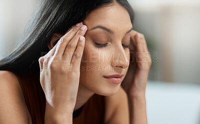 Buy stock photo Frustrated woman, headache and stress in mistake, burnout or mental health in living room at home. Closeup of female person or face with migraine, anxiety or debt in financial crisis or fail at house