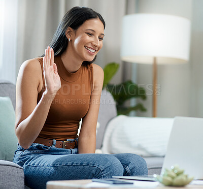 Buy stock photo Woman, video call and laptop for home e learning, education and online class with internet and wave for hello. Happy student on her computer and sofa for creative school, planning or virtual studying