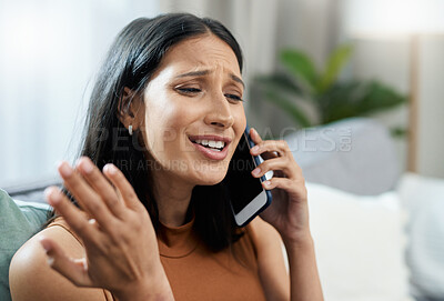 Buy stock photo Stress, phone call and woman on sofa frustrated with network, fail or phishing scam at home. Anxiety, face and angry female person in a living room with smartphone, conversation and conflict disaster