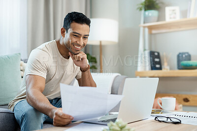 Buy stock photo Happy man, bills and thinking on laptop and sofa for planning finance, reading website and taxes management. Young person with documents for home budget, solution and insurance choice on his computer