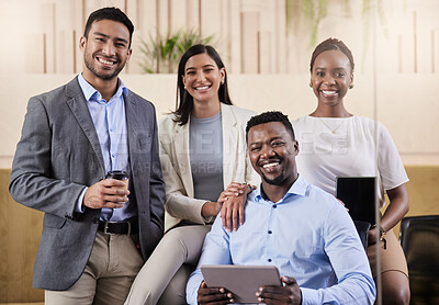 Buy stock photo Shot of a group of coworkers using a digital tablet during a business meeting